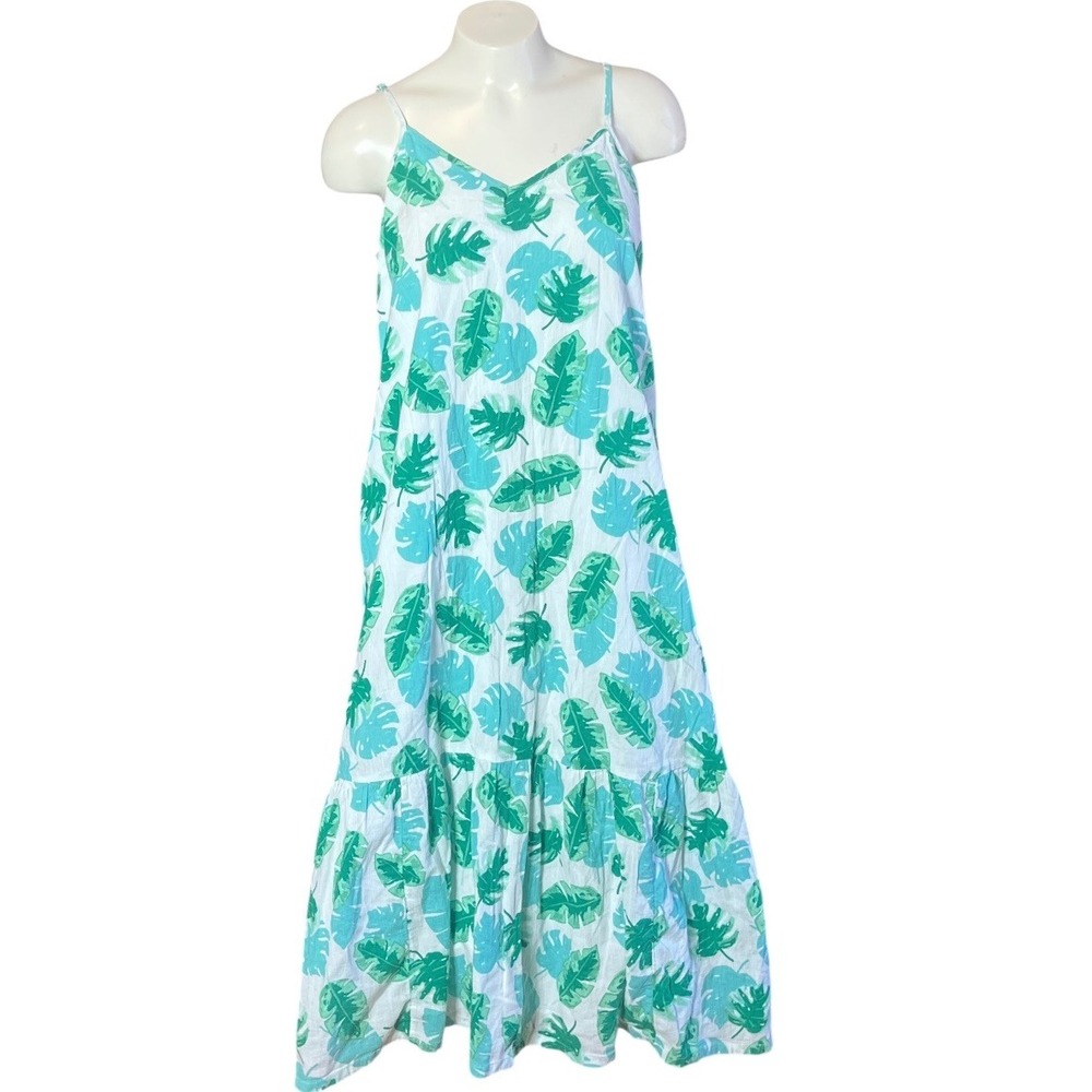J.Crew Re-Imagined Womens Green Tropical Leaf Cotton Tiered‎ Maxi Dress Small